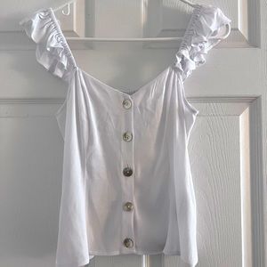 Button front dressy white H&M tank with ruffled shoulders